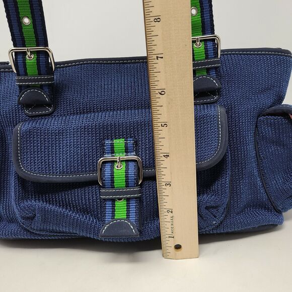 The Sak Navy Blue woven green & blue ribbon handle crochet satchel shoulder bag - Picture 11 of 12